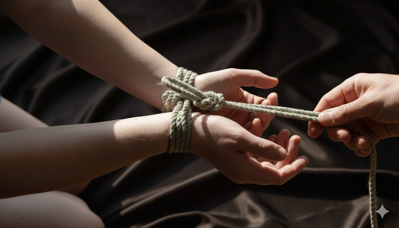 Illustration evoking consensual adult kinky shibari & ropes